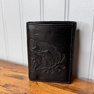 Trifold Genuine Leather Wallet with Embossed Bass Fish Print Black Small 4”x3”